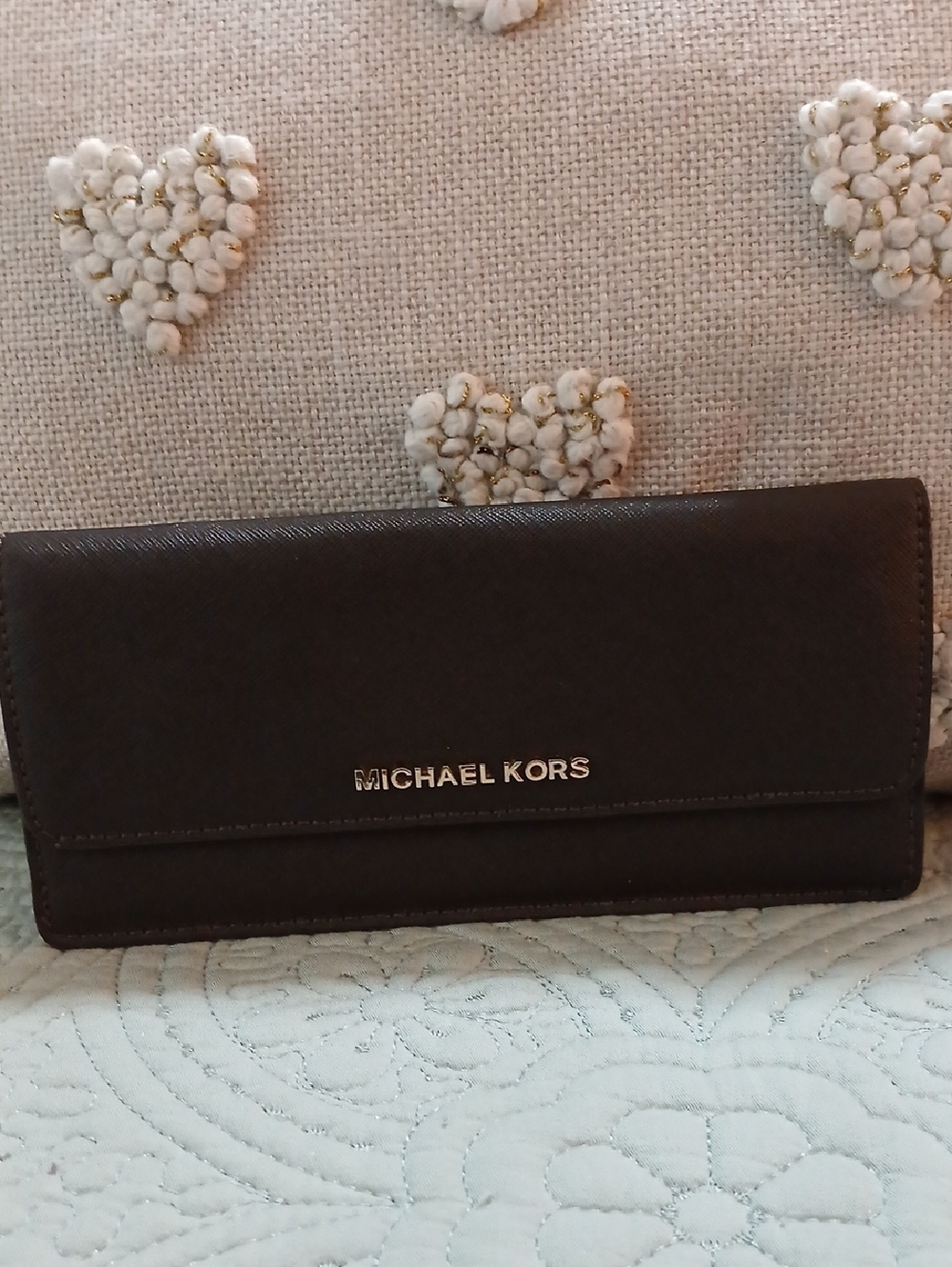 Michael Kors Brown Saffiano Continental Wallet with Gold Logo
